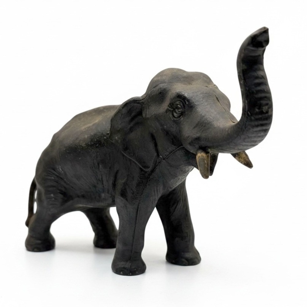 Vintage Black Resin Elephant Figurine Trunk Up Good Luck Decor Statue 7" Tall